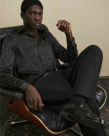 Black Slim Fit Satin Polka Dot Shirt