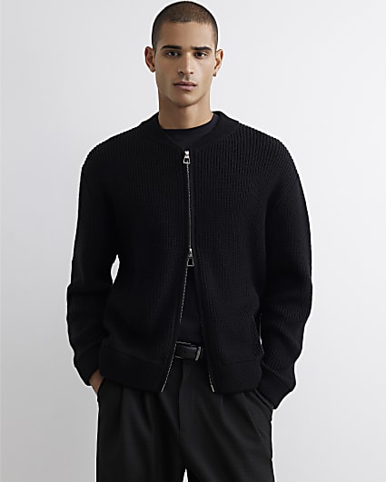 Black Regular Fit Knitted Bomber Jacket