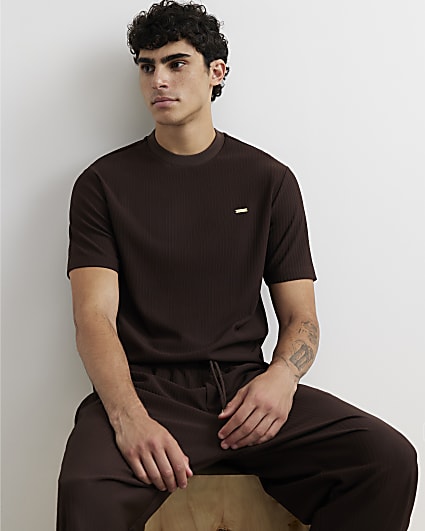 Brown Cotton Vertical Textured T-Shirt