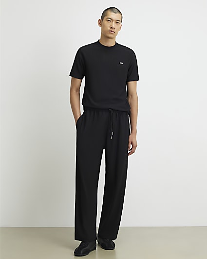 Black Wide Leg Cotton Textured Joggers