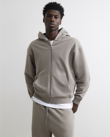 Grey Oversized Fit Washed Zip Through Hoodie