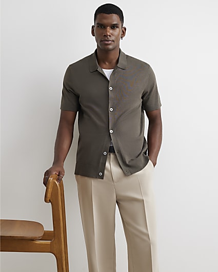 Khaki Slim Fit Knitted Button Through Shirt