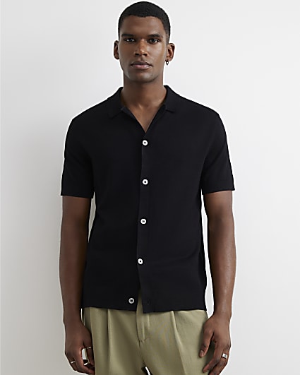 Black Slim Fit Knitted Button Through Shirt