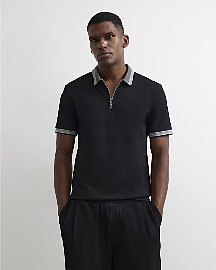 Black Slim Fit Cotton Zipped Polo Shirt