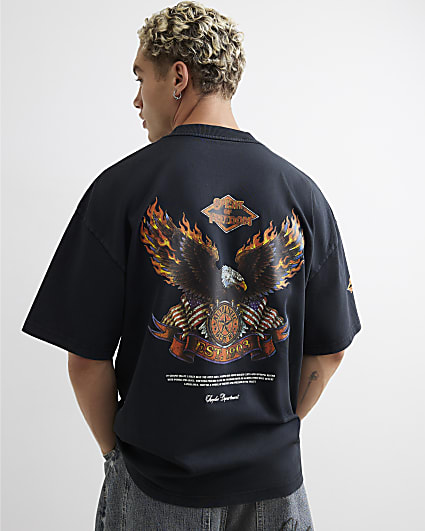 Black Cotton Washed Eagle T-Shirt