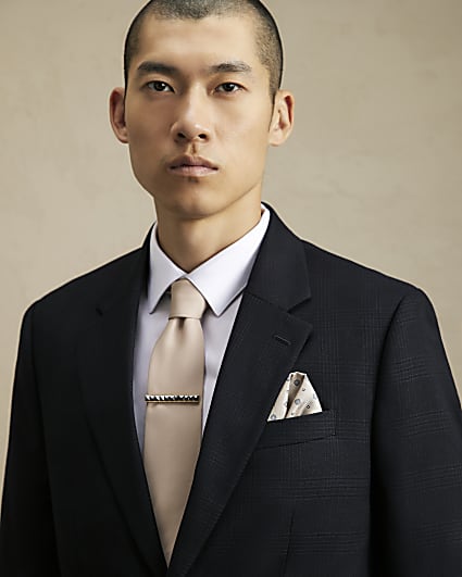 Beige Twill Tie And Printed Hanky Set