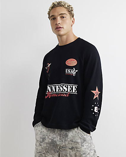 Black Cotton Waffle Textured Print T-Shirt