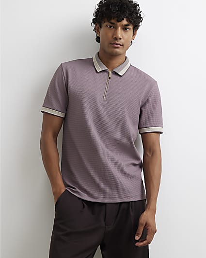 Purple Slim Fit Zip Neck Waffle Polo Shirt