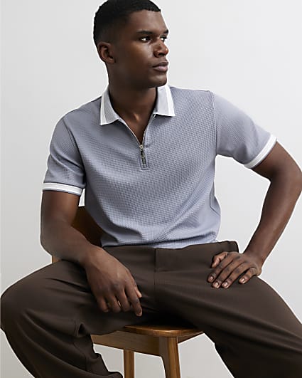 Blue Slim Fit Zip Neck Waffle Polo Shirt