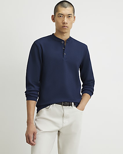 Navy Slim Fit Textured Henley Top