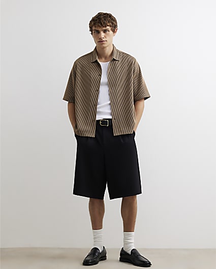 Beige Oversized Fit Cotton Stripe Shirt