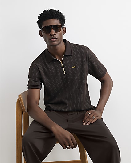 Brown Slim Fit Cotton Pinstripe Polo Shirt