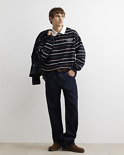 Navy Oversized Fit Cotton Stripe Rugby Shirt