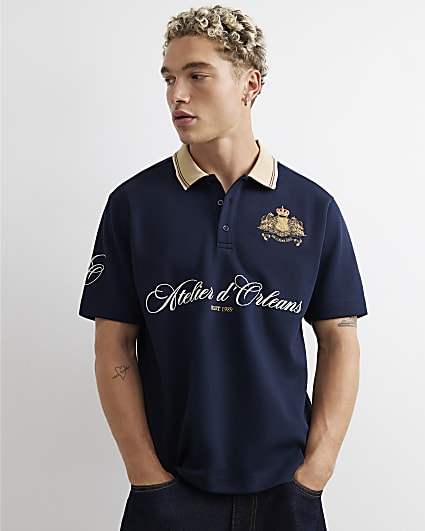 Navy Cotton Atelier Crest Polo Shirt
