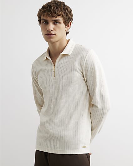Cream Muscle Fit Cotton Textured Polo Shirt