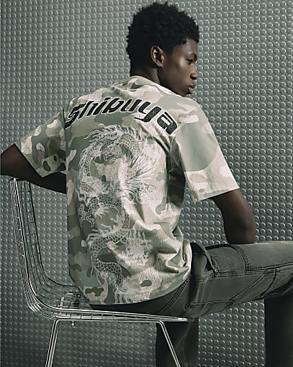 Khaki Cotton Japanese Camo Dragon T-Shirt