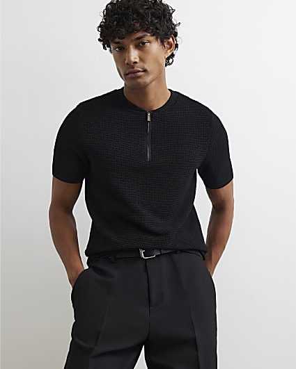 Black Muscle Fit Textured Henley Neck Shirt