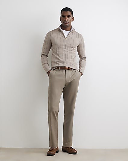 Beige Muscle Fit Half Zip Jumper