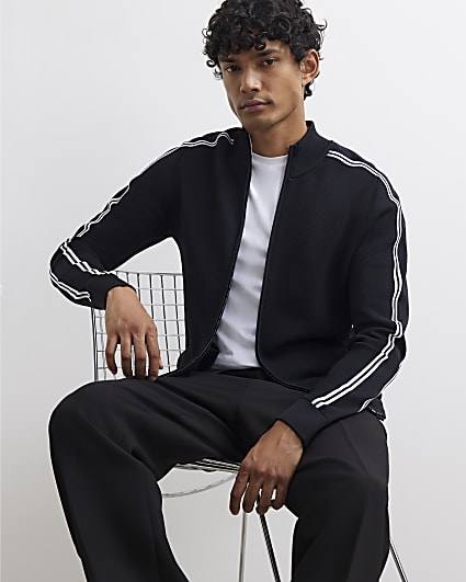 Black Slim Fit Zip Through Stripe Jumper