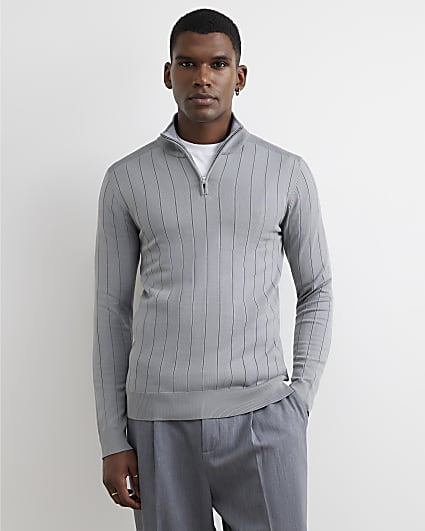 Grey Muscle Fit Half Zip Jumper