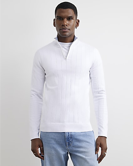 White Muscle Fit Half Zip Jumper
