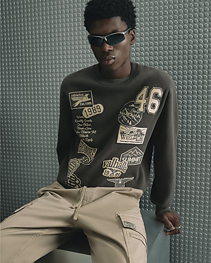 Khaki Regular Fit Knit Badged Jumper