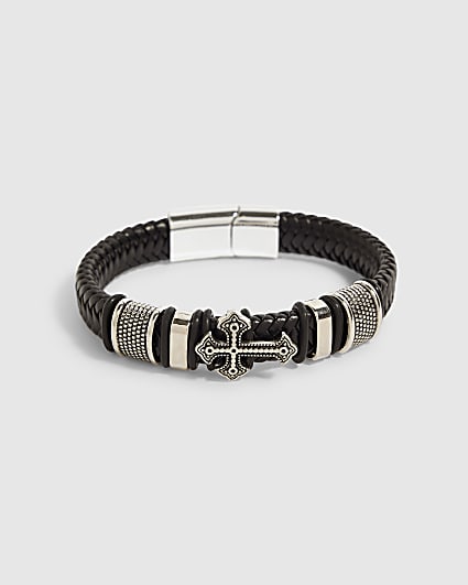 Black Faux Leather Braid Cross Bracelet