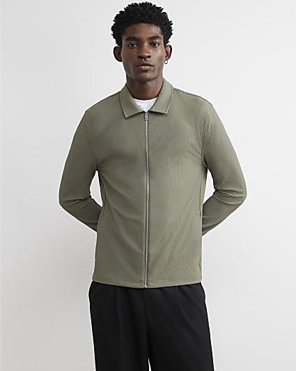 Khaki Muscle Fit Ribbed Overshirt