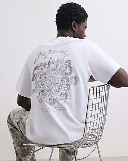 White Silver Dragon Embroidered T-Shirt