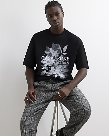 Black Cotton Casa Floral T-Shirt