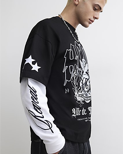 Black Oversized Fit Layered Crest T-Shirt