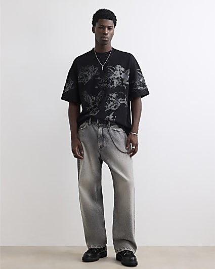 Black Oversized Fit Knit Angels T-Shirt