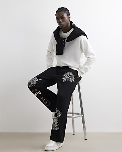 Black Wide Leg Japanese Embroidered Joggers