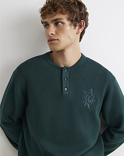 Green Regular Fit Embroidered Henley Jumper