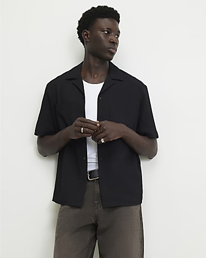 Black Regular Fit Waffle Textured Shirt
