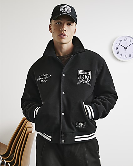 Black Felted Varsity Bomber Jacket