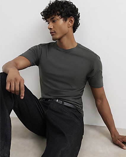 Khaki Muscle Fit Cotton Stretch T-Shirt