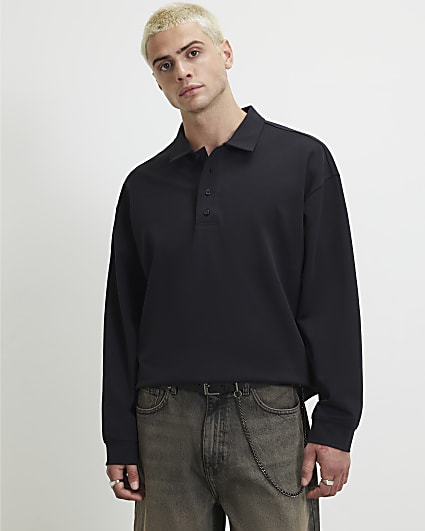 Navy Oversized Fit Quarter Button Polo Shirt