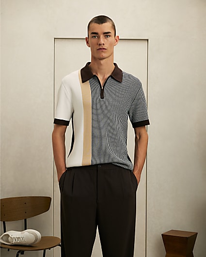 Navy Slim Fit Spliced Knit Polo Shirt