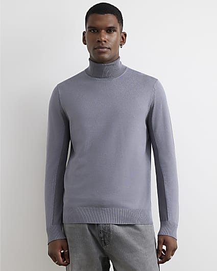 Grey Slim Fit Roll Neck Jumper
