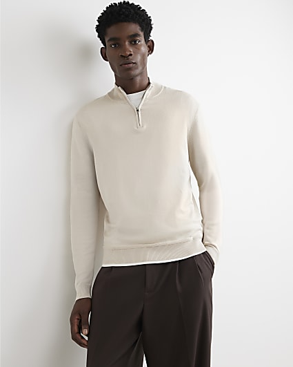 Cream Slim Fit Cotton Half Zip Jumper