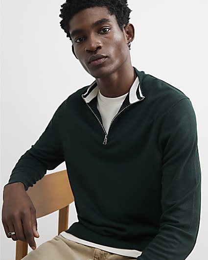 Green Slim Fit Half Zip Jumper