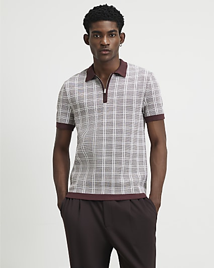 Brown Slim Fit Check Knitted Polo Shirt