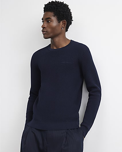 Navy Slim Fit Cotton Blend Waffle Jumper