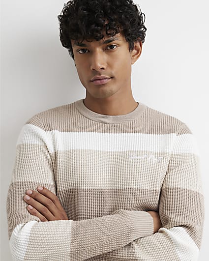Beige Knitted Stripe Cotton Blend Jumper