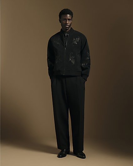 Black Faux Suede Embroidered Bomber Jacket