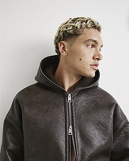 Brown Borg Lined Faux Leather Hoodie