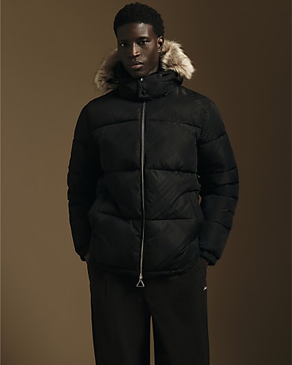 Black Check Hooded Puffer Jacket