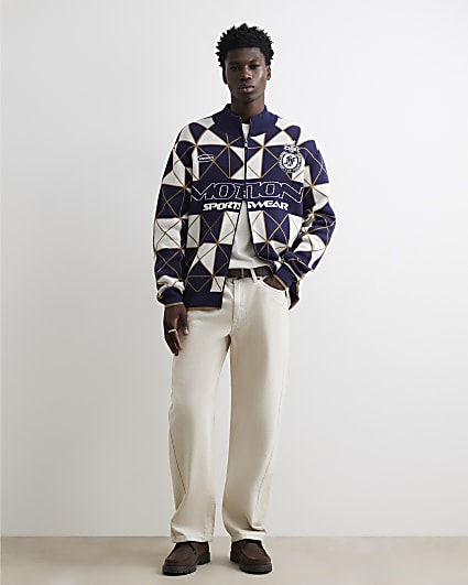 Navy Regular Fit Geometric Zip Cardigan