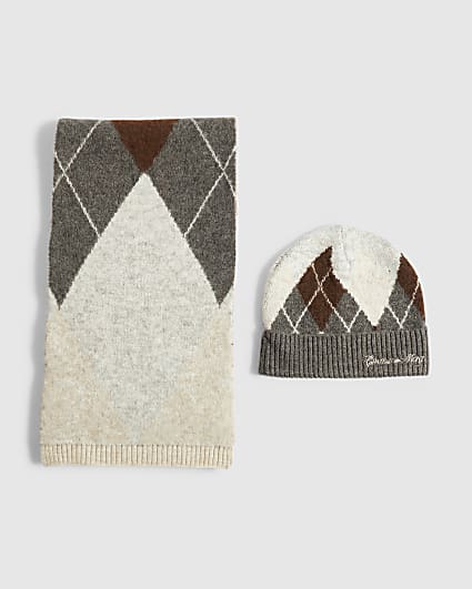 Grey Argyle Cold Weather Scarf And Beanie Set